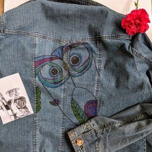 Hand Drawn Owl Denim Jacket Coldwater Creek Size 16